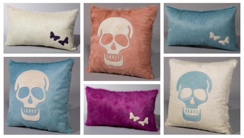 Geoffrey Bradfield’s colorful collection of cowhide benches, pillows, and chairs are here.