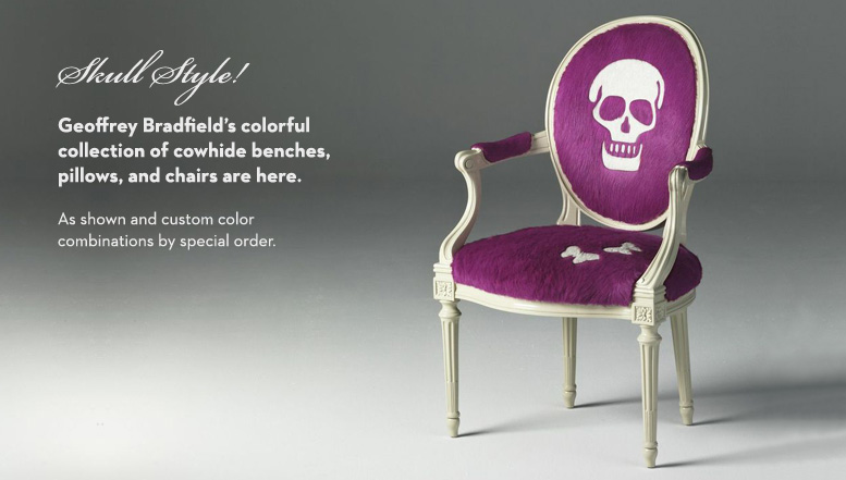 Geoffrey Bradfield’s colorful collection of cowhide benches, pillows, and chairs are here.